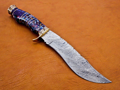 13 Inch Damascus Steel Hunting Bowie Knife with Resin and Brass Handle