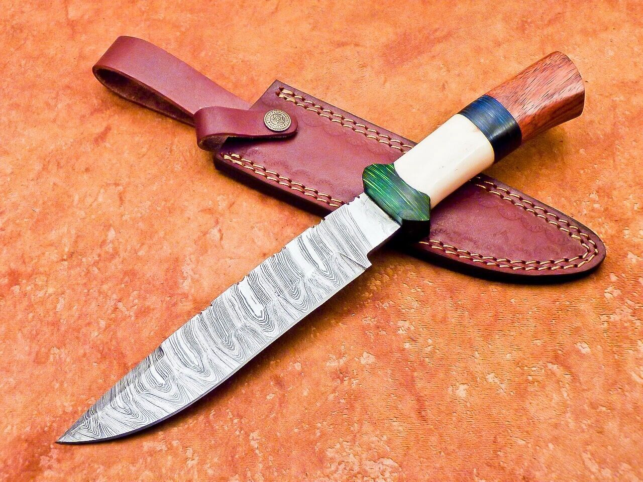 12" Custom Damascus Bowie Knife – Camel Bone & Hardwood Handle with Sheath