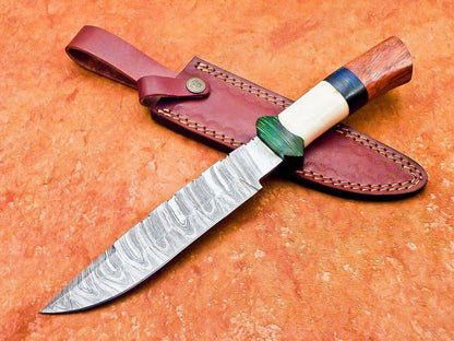 12" Custom Damascus Bowie Knife – Camel Bone & Hardwood Handle with Sheath