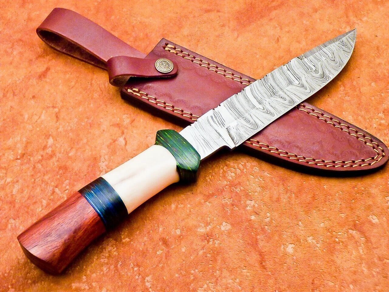 12" Custom Damascus Bowie Knife – Camel Bone & Hardwood Handle with Sheath
