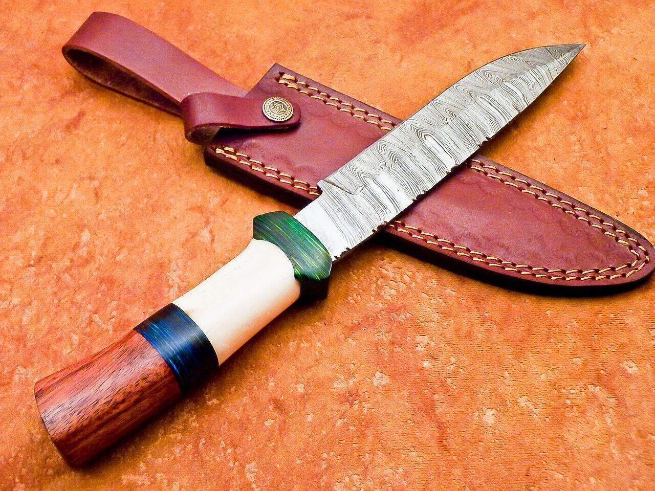 12" Custom Damascus Bowie Knife – Camel Bone & Hardwood Handle with Sheath