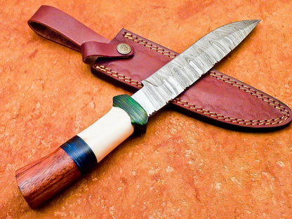 12" Custom Damascus Bowie Knife – Camel Bone & Hardwood Handle with Sheath