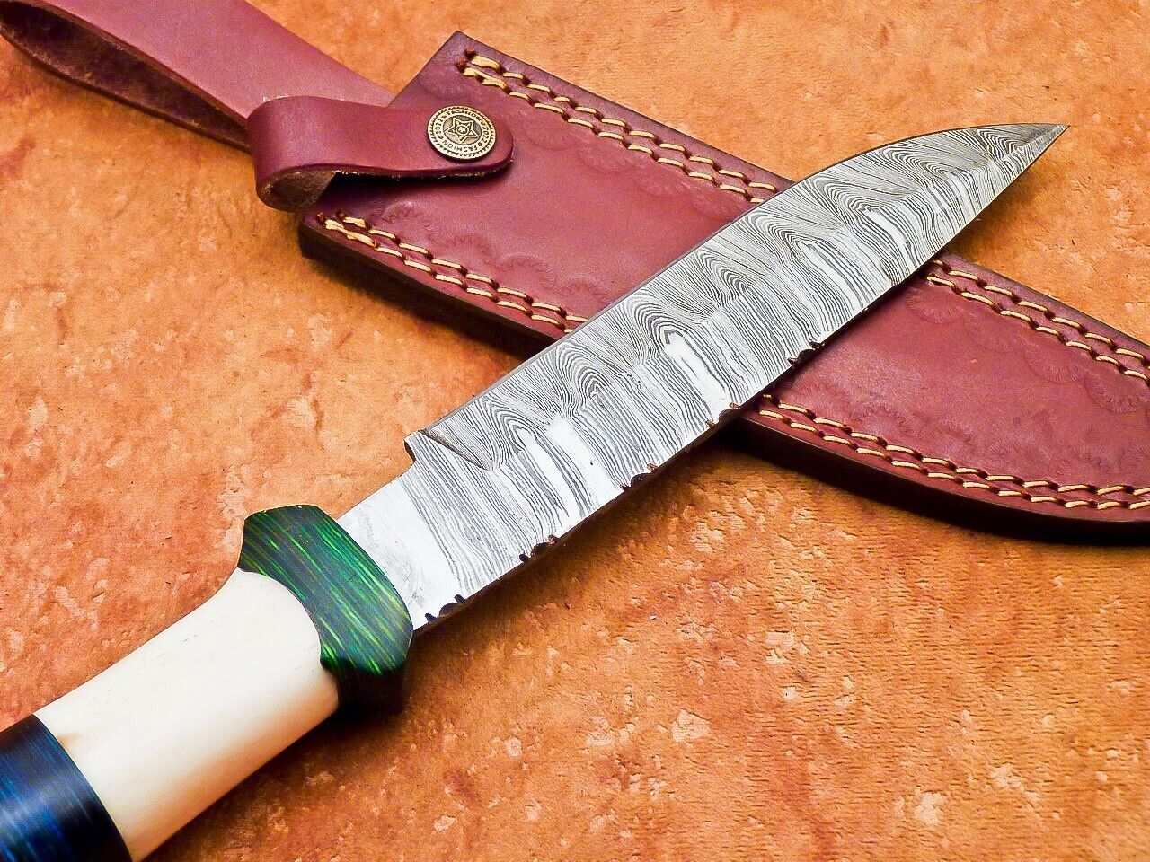 12" Custom Damascus Bowie Knife – Camel Bone & Hardwood Handle with Sheath