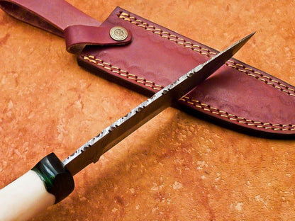 12" Custom Damascus Bowie Knife – Camel Bone & Hardwood Handle with Sheath