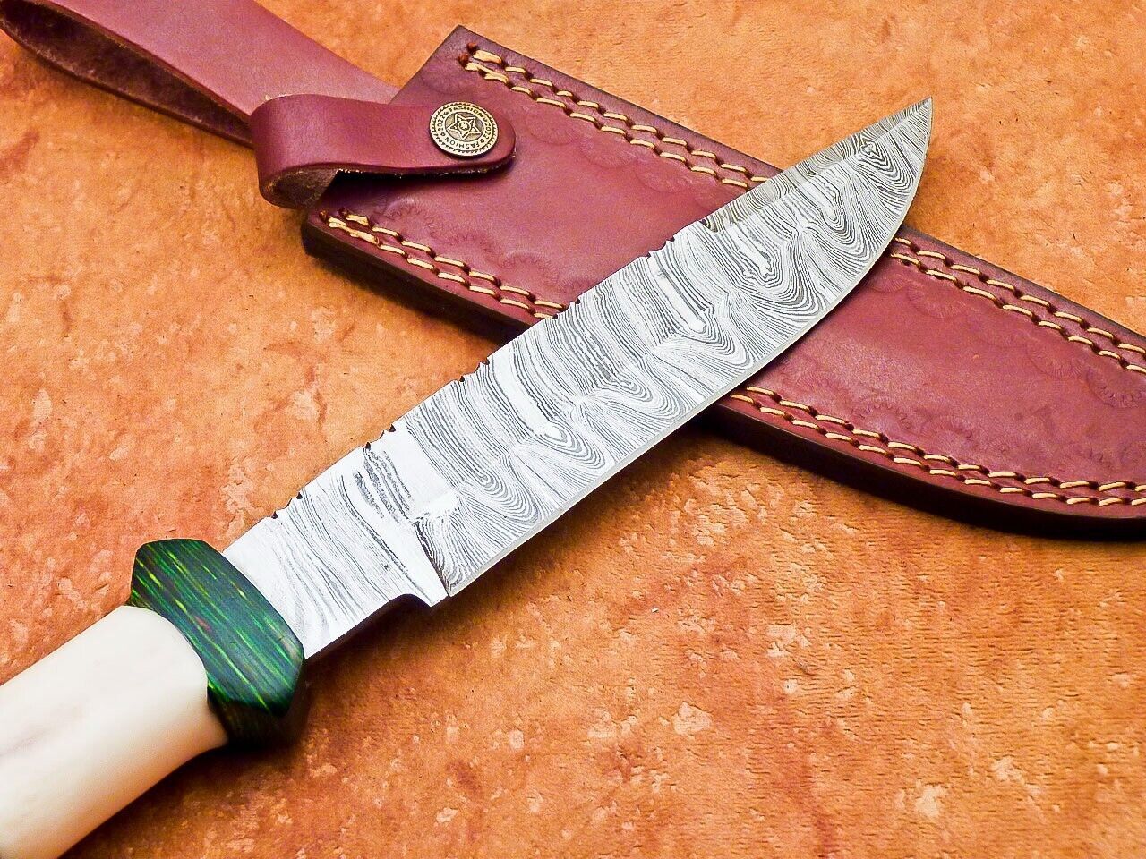 12" Custom Damascus Bowie Knife – Camel Bone & Hardwood Handle with Sheath