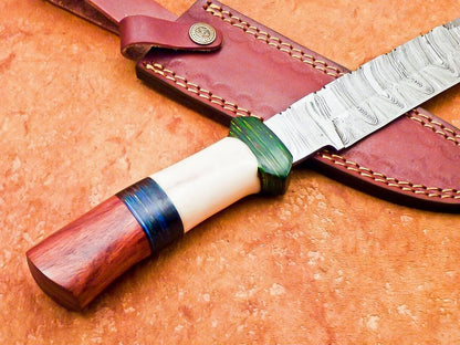 12" Custom Damascus Bowie Knife – Camel Bone & Hardwood Handle with Sheath