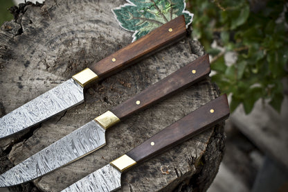 Hand Forged Knife Chef Knife Twist Damascus Walnut Wood Lot of 3 EDC