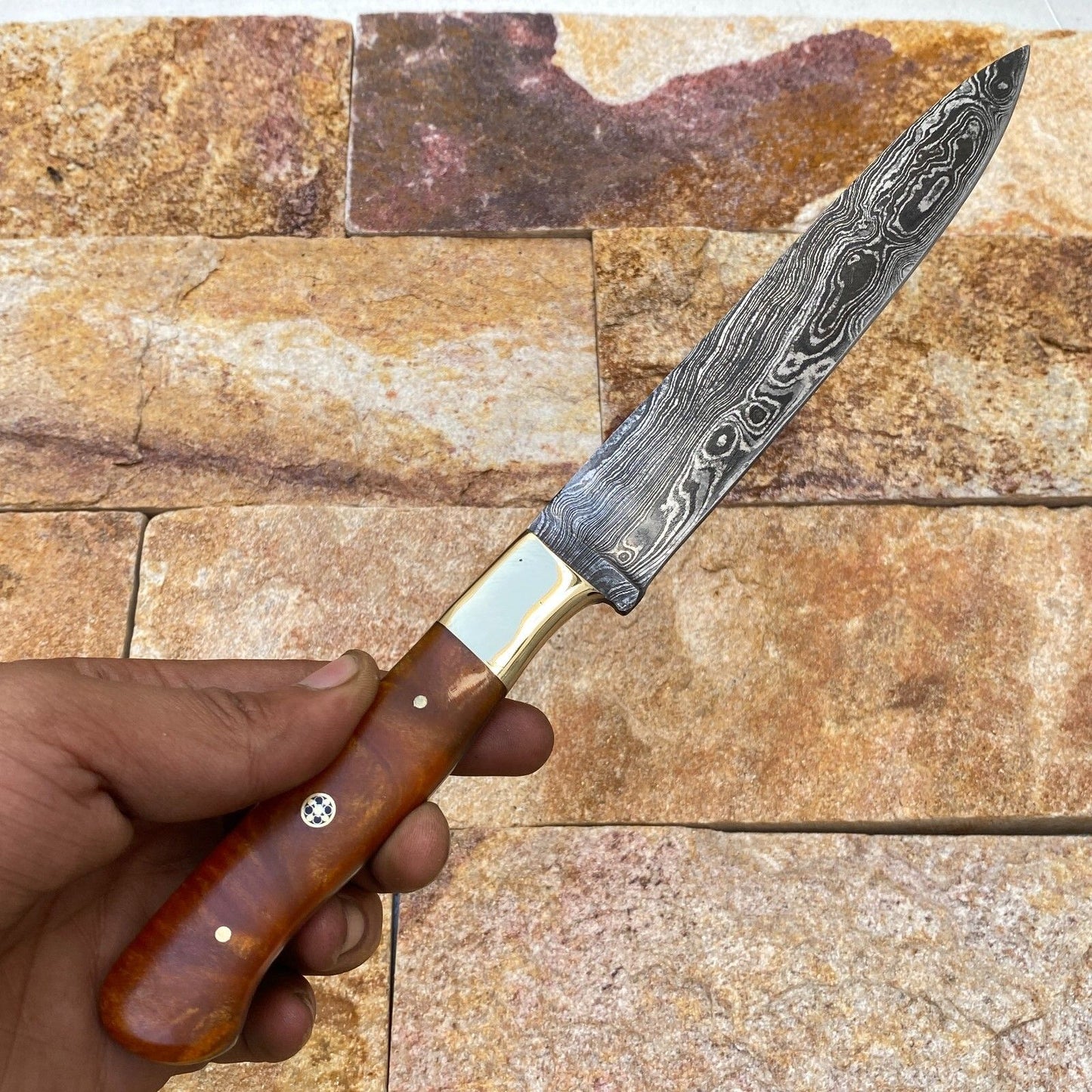 Custom Forged Damascus Steel Fishing Fillet Chef Knife – Resin & Brass Handle