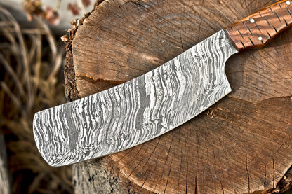 Custom Clever Chopper Chef Knife – Fire Damascus Blade with Pakka Wood Handle