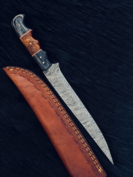 13" Fire Damascus Steel Bowie Knife – Camel Bone & Wood Handle