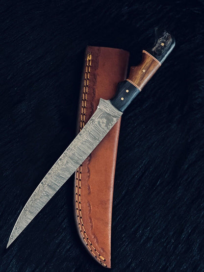 13" Fire Damascus Steel Bowie Knife – Camel Bone & Wood Handle