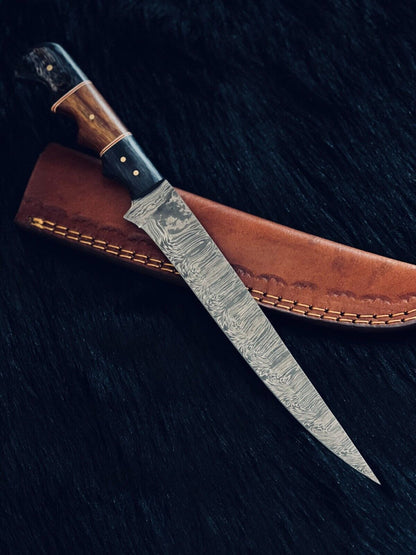 13" Fire Damascus Steel Bowie Knife – Camel Bone & Wood Handle