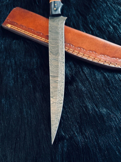13" Fire Damascus Steel Bowie Knife – Camel Bone & Wood Handle