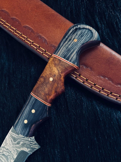 13" Fire Damascus Steel Bowie Knife – Camel Bone & Wood Handle