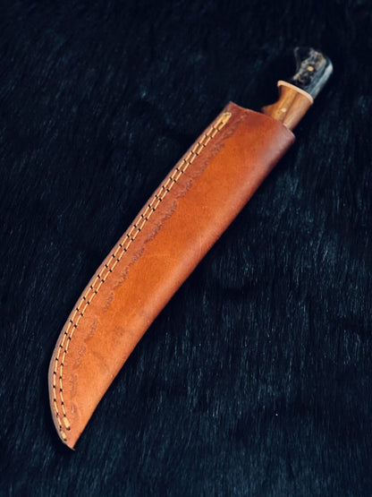 13" Fire Damascus Steel Bowie Knife – Camel Bone & Wood Handle