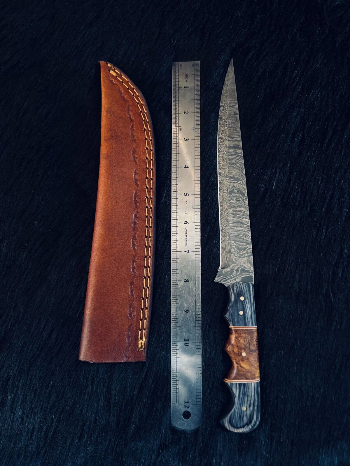 13" Fire Damascus Steel Bowie Knife – Camel Bone & Wood Handle