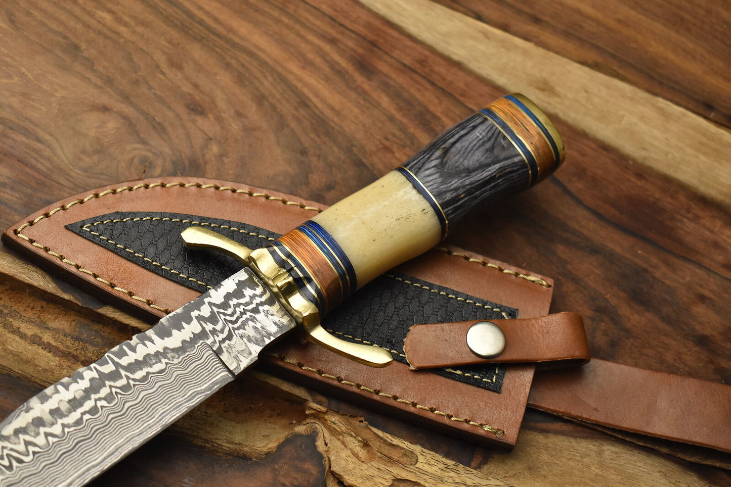 Custom Damascus Steel Bowie Knife Camel Bone Brass Guard Camping Knife