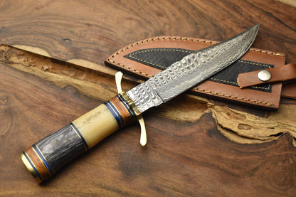 Custom Damascus Steel Bowie Knife Camel Bone Brass Guard Camping Knife