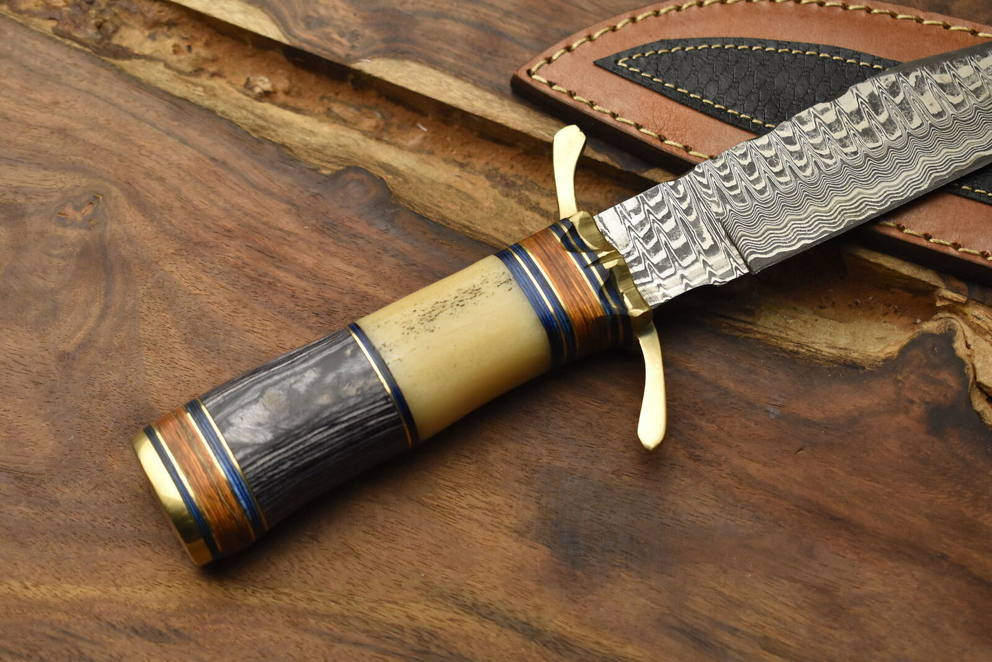 Custom Damascus Steel Bowie Knife Camel Bone Brass Guard Camping Knife