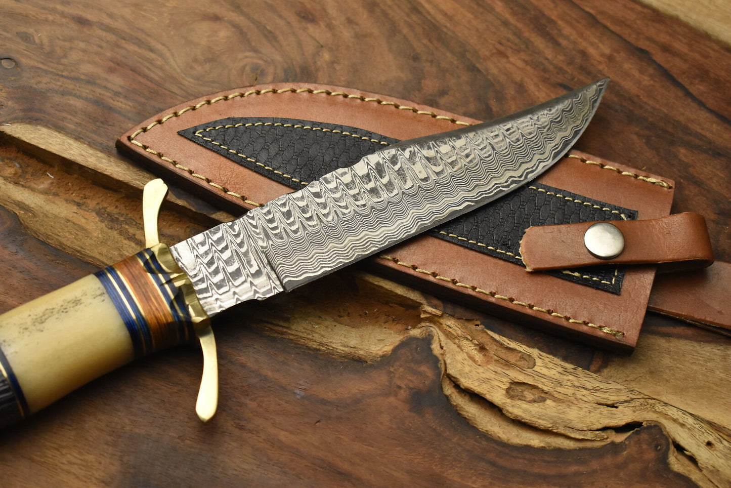 Custom Damascus Steel Bowie Knife Camel Bone Brass Guard Camping Knife