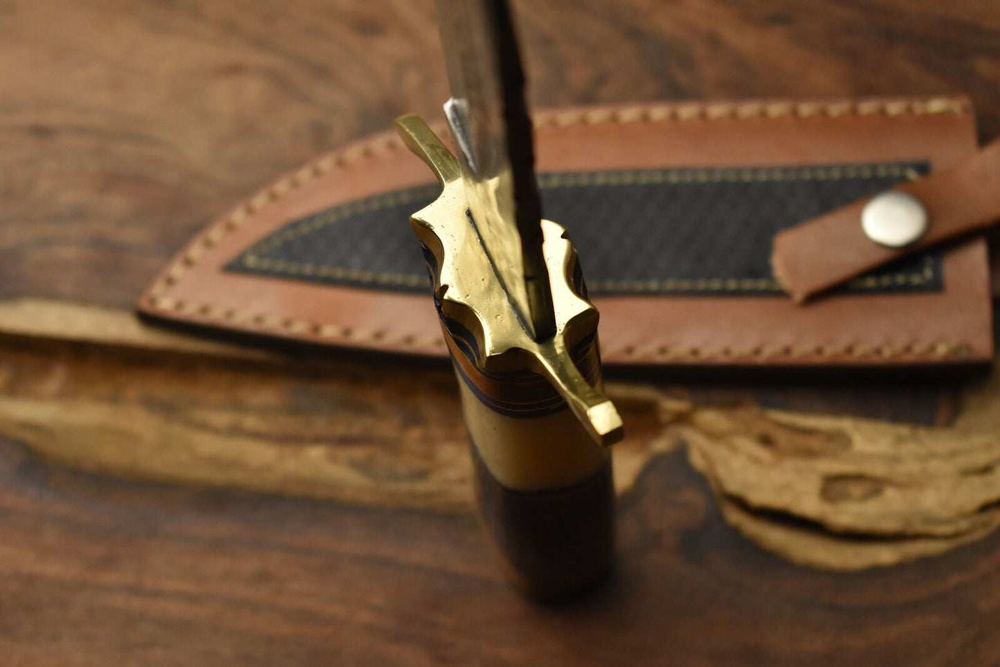 Custom Damascus Steel Bowie Knife Camel Bone Brass Guard Camping Knife