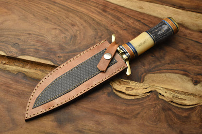 Custom Damascus Steel Bowie Knife Camel Bone Brass Guard Camping Knife