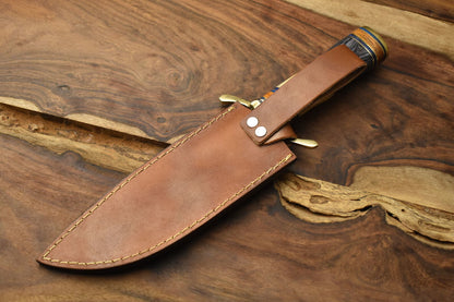 Custom Damascus Steel Bowie Knife Camel Bone Brass Guard Camping Knife