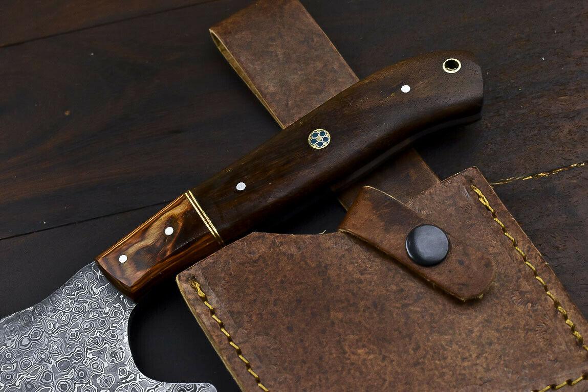Hand Forged Damascus Steel Axe Knife Walnut Wood Hunting Clever Chopper with Leather Sheath