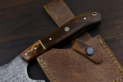 Hand Forged Damascus Steel Axe Knife Walnut Wood Hunting Clever Chopper with Leather Sheath