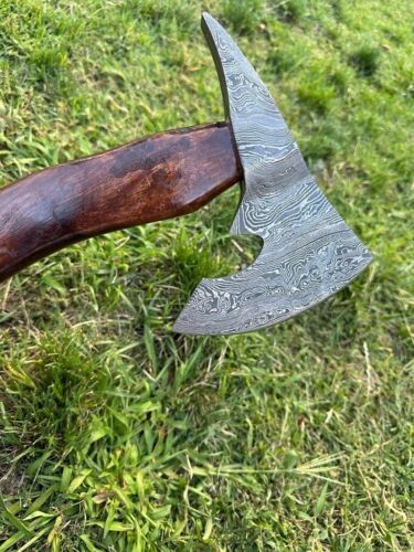 Custom Handmade Damascus Steel Viking Bearded Camping Hatchet Tomahawk Axe | 20-Inch with Natural Wood Handle & Leather Sheath