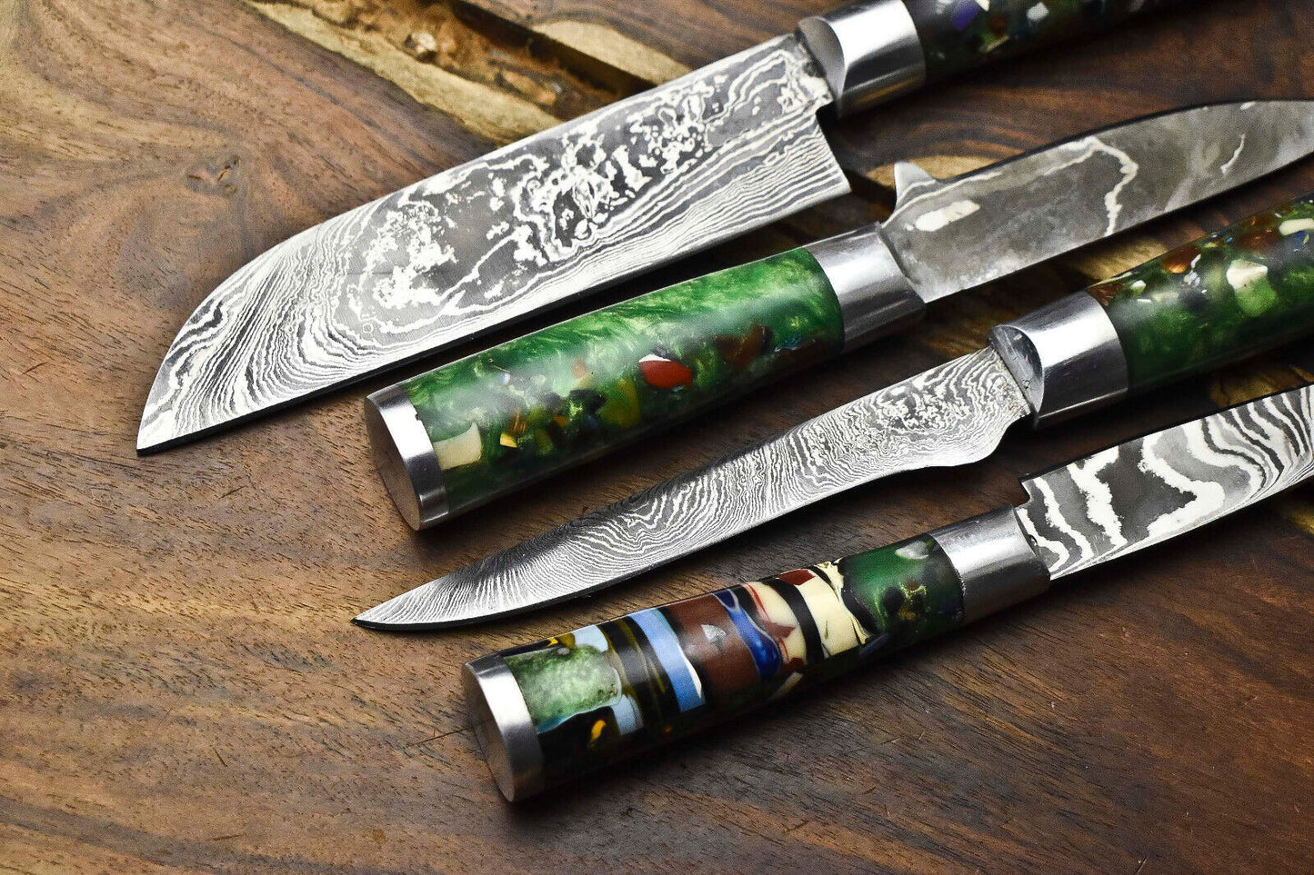 Lot of 4 Handmade Damascus Steel Blade Chef Knife Set – Oil Tempered 58-60 HRC, Sharpened at 20°