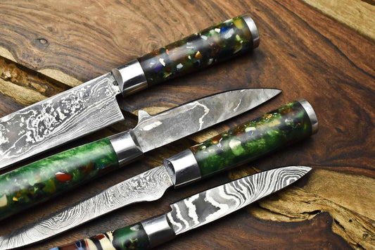 Lot of 4 Handmade Damascus Steel Blade Chef Knife Set – Oil Tempered 58-60 HRC, Sharpened at 20°