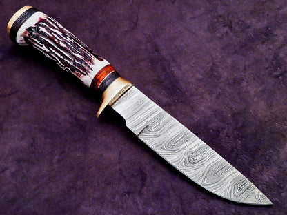 10 Inch Custom Handmade Damascus Camping Knife with Stag Handle by Heritage Forge