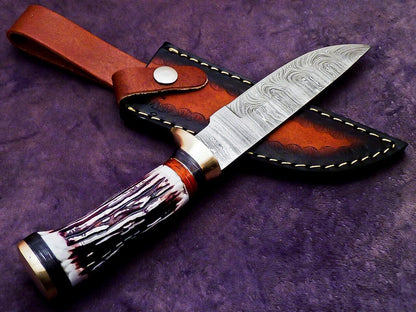 10 Inch Custom Handmade Damascus Camping Knife with Stag Handle by Heritage Forge