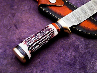 10 Inch Custom Handmade Damascus Camping Knife with Stag Handle by Heritage Forge