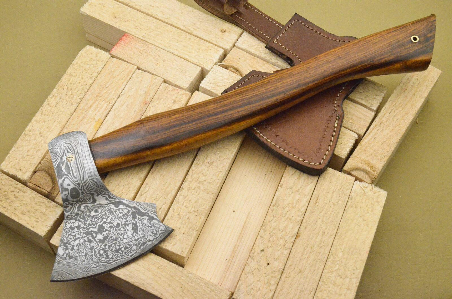 Hand Forged Damascus Tomahawk Knife Hatchet Axe with Wood Handle and Leather Sheath