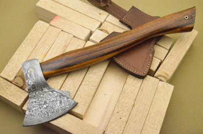 Hand Forged Damascus Tomahawk Knife Hatchet Axe with Wood Handle and Leather Sheath