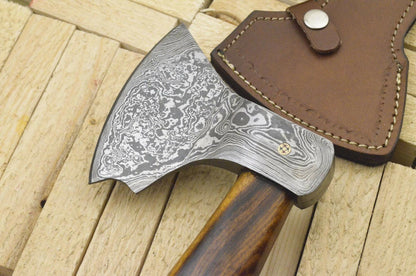 Hand Forged Damascus Tomahawk Knife Hatchet Axe with Wood Handle and Leather Sheath