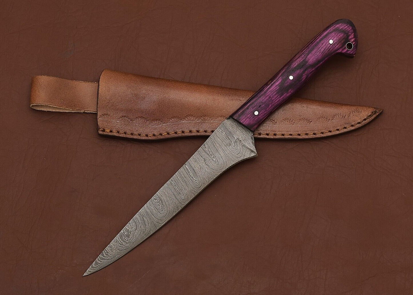 Custom Forged Damascus Steel Hunting & Chef Fillet Knife 8" Blade Pakka Wood Handle
