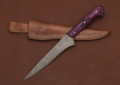 Custom Forged Damascus Steel Hunting & Chef Fillet Knife 8" Blade Pakka Wood Handle