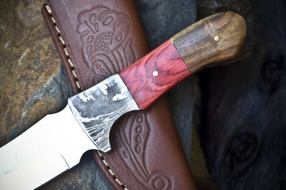 9" AUS-8 Steel Skinner Knife – Hardwood Handle, Damascus Bolster, Leather Sheath