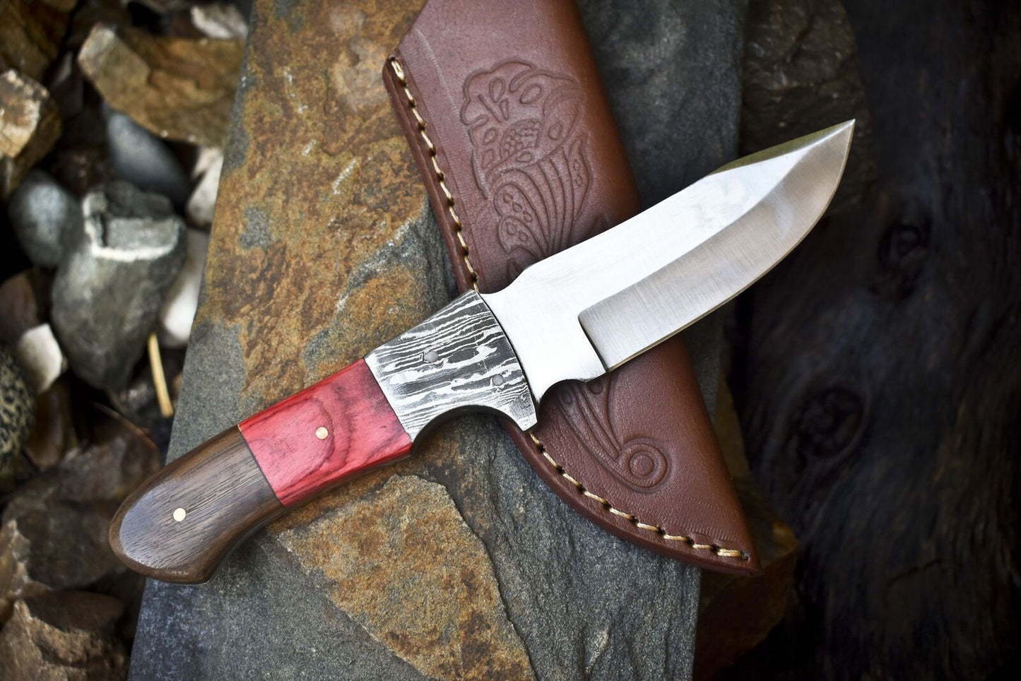 9" AUS-8 Steel Skinner Knife – Hardwood Handle, Damascus Bolster, Leather Sheath