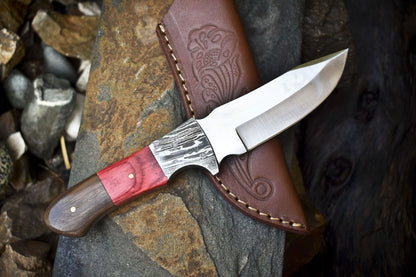 9" AUS-8 Steel Skinner Knife – Hardwood Handle, Damascus Bolster, Leather Sheath