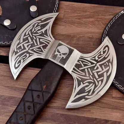 Custom Forged Double Head Viking Axe Carbon Steel with Wooden Handle and Leather Sheath for Camping and Bushcraft