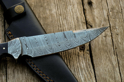 11" Custom Handmade Damascus Hunting Bowie Knife | Water Buffalo Horn Handle | Leather Sheath