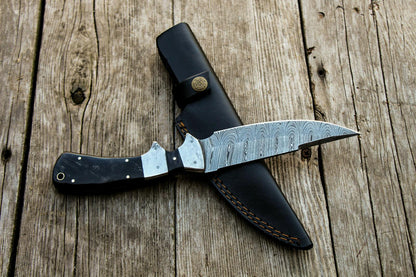 11" Handmade Damascus Steel Bowie Knife | Water Buffalo Horn Handle & Leather Sheath