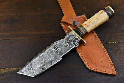 12" Handmade Damascus Steel Bowie Knife with Camel Bone Handle & Leather Sheath