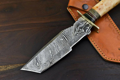 12" Handmade Damascus Steel Bowie Knife with Camel Bone Handle & Leather Sheath