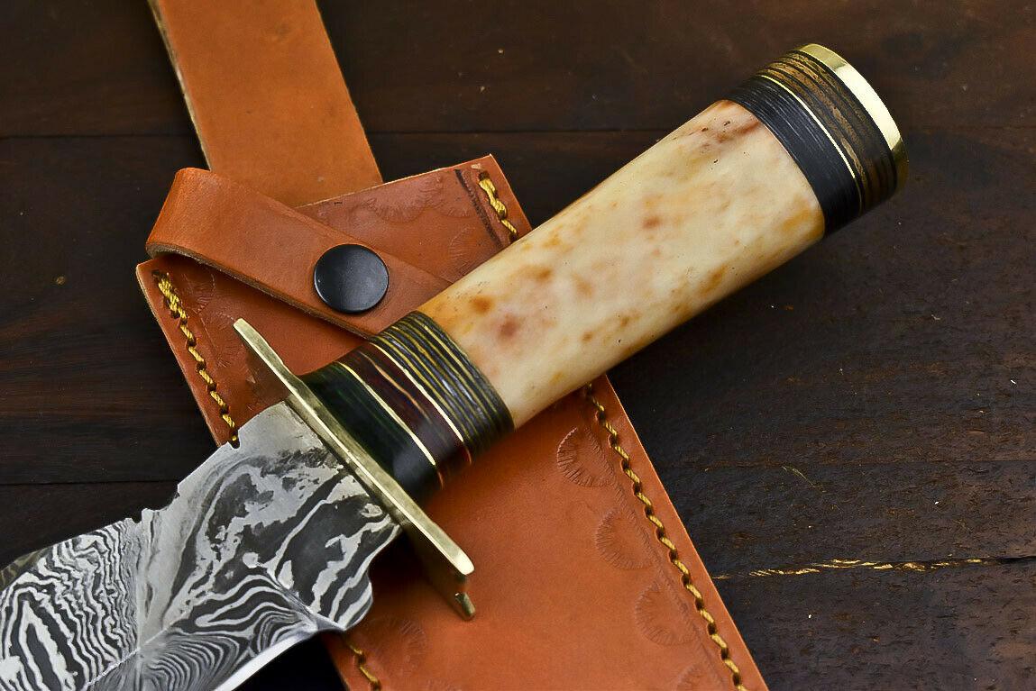 12" Handmade Damascus Steel Bowie Knife with Camel Bone Handle & Leather Sheath