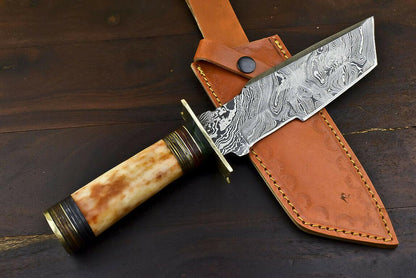 12" Handmade Damascus Steel Bowie Knife with Camel Bone Handle & Leather Sheath